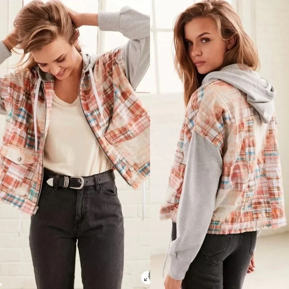 New BDG Urban Outfitters Casio Patchwork Layered Crop Hooded Jacket shacket